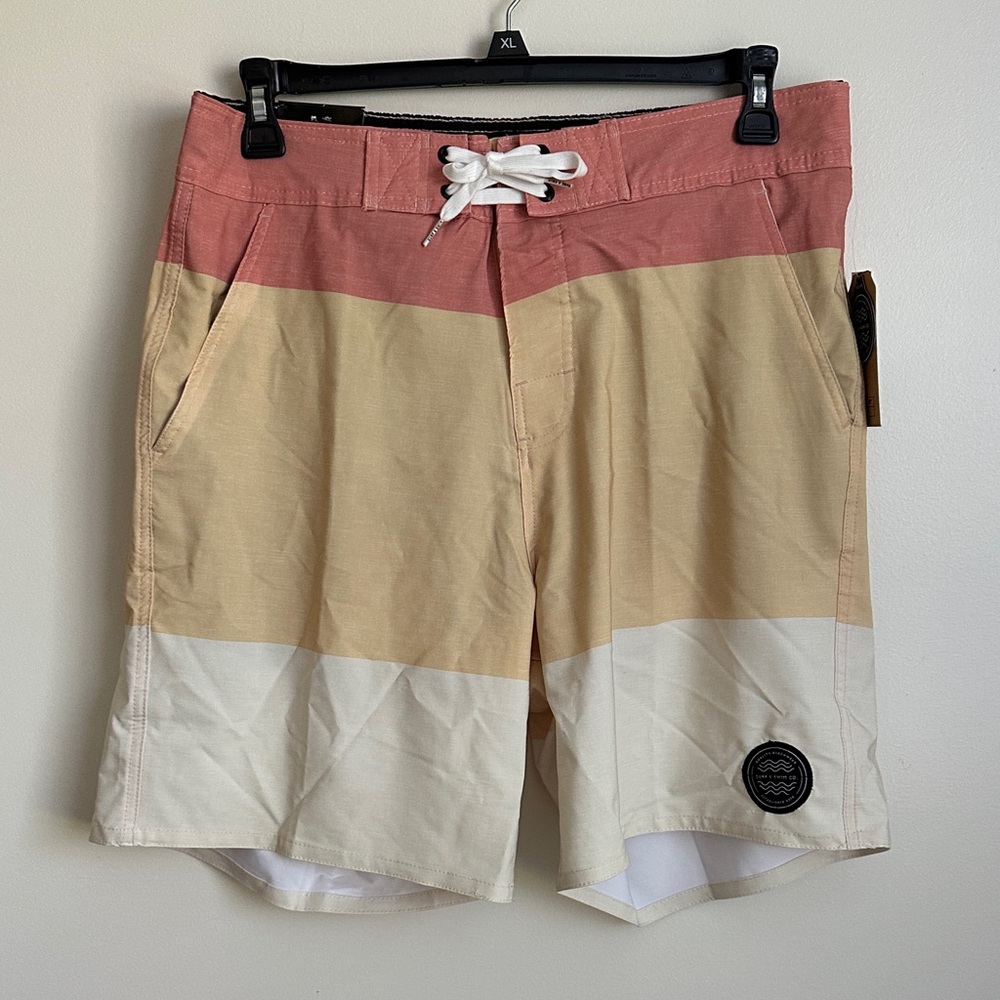 Men's Colorblock Swim Board Shorts - Coral, Tan, and Cream